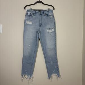 Abercrombie & Fitch The Mom Jeans High Rise Light Wash Distressed Fringe Hem 28